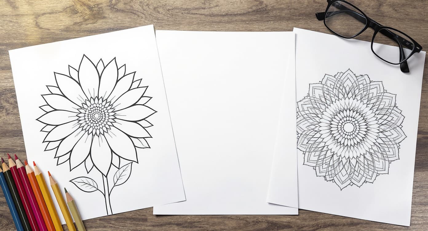 Easy large-print senior coloring pages with bold flower and mandala line art, reading glasses, and colored pencils