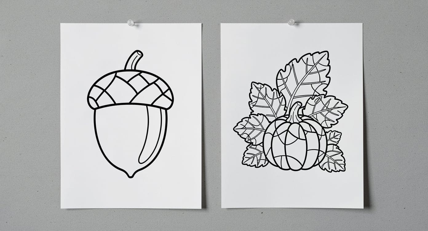Broad segmented acorn page beside a pumpkin-and-leaves page with smaller readable sections