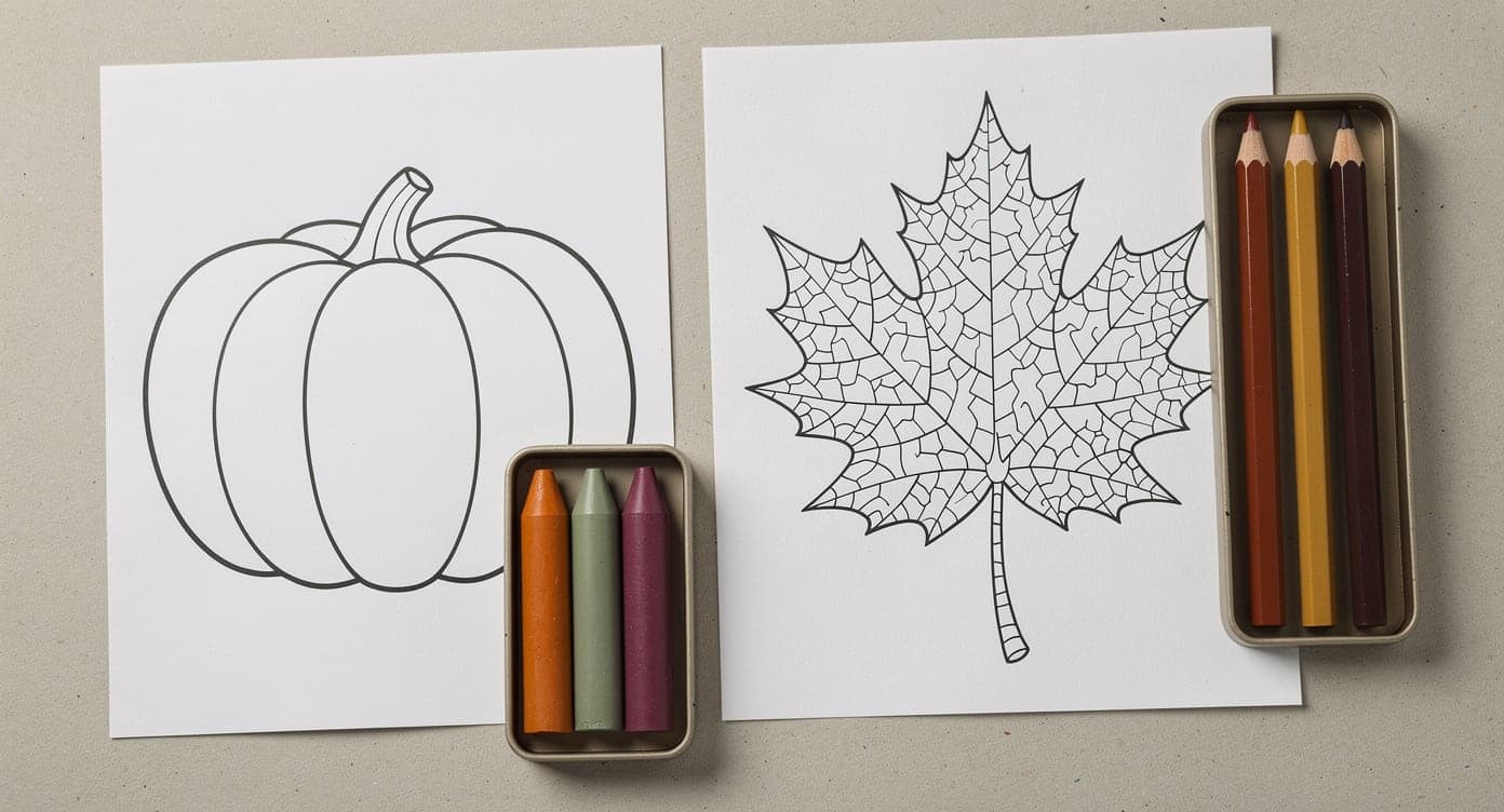Chunky crayons beside a broad segmented fall page and colored pencils beside a smaller-section page