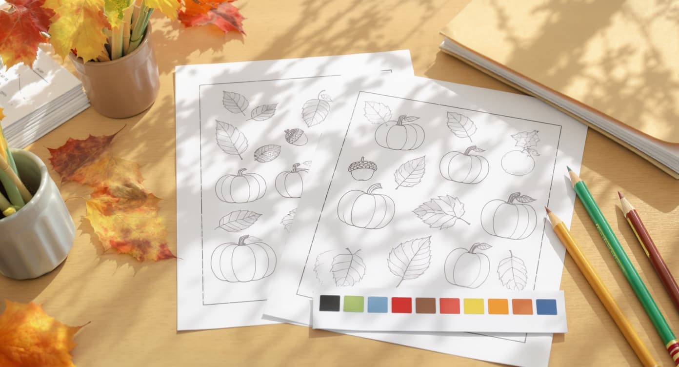 Fall coded-color printable pages with pumpkins, leaves, acorns, plain color swatches, blank paper, and colored pencils