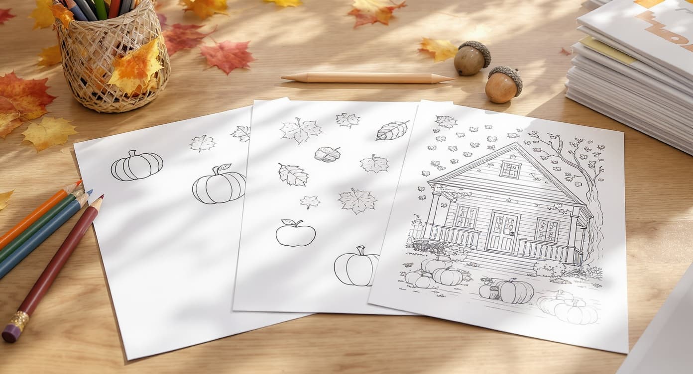 Fall printable coloring page packet with pumpkin pages, leaves, acorns, cozy porch line art, blank paper, and colored pencils