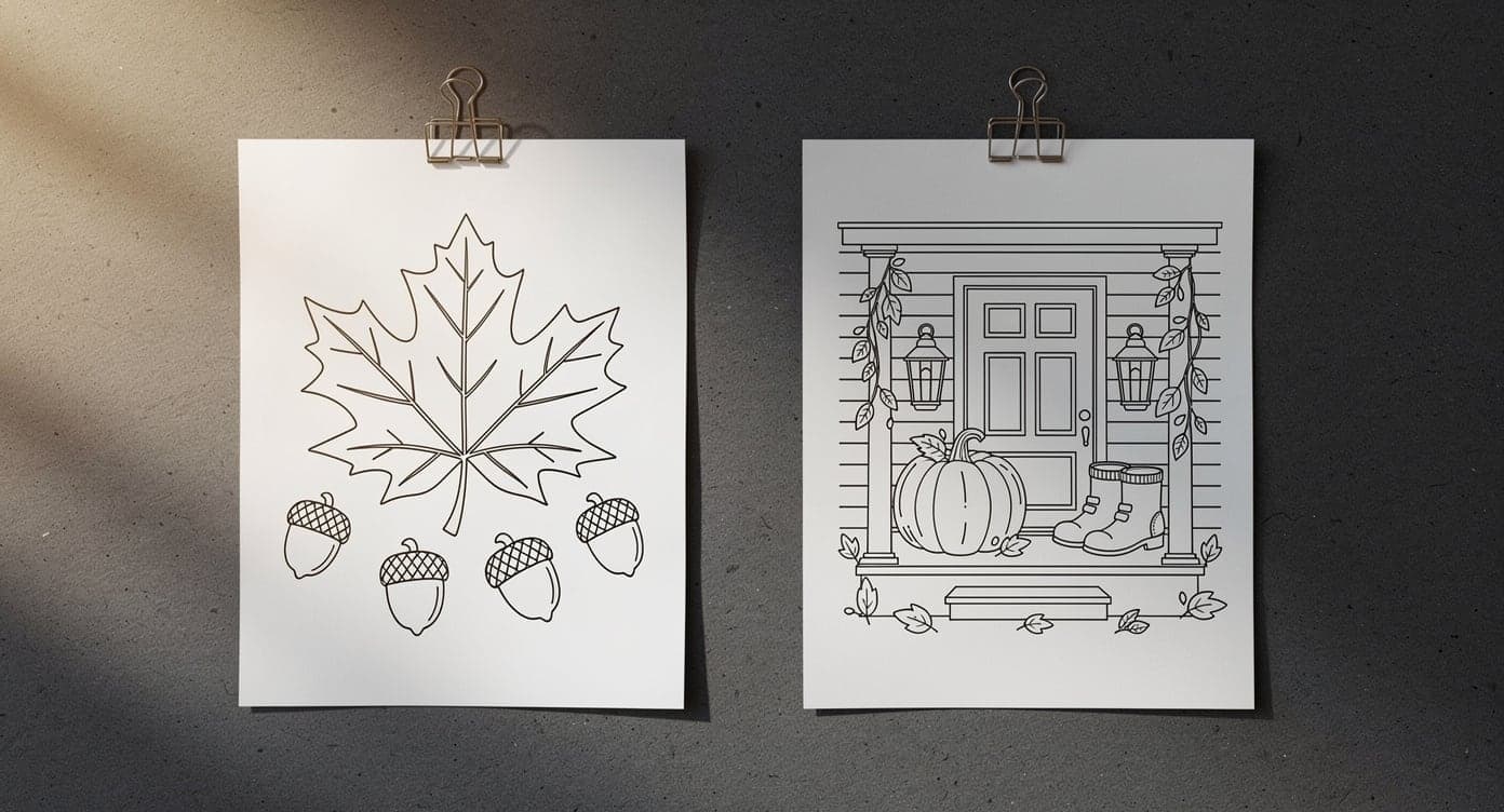 Broad maple-leaf coloring page beside a medium-detail fall porch page clipped to a board