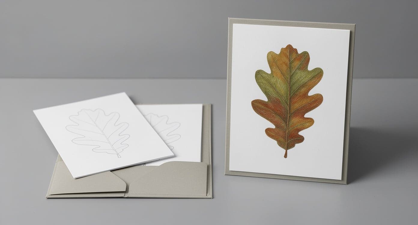 Finished colored oak-leaf page displayed in a simple mat beside matching clean printouts in an open folder