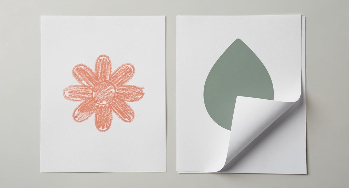 Coral flower colored with visible crayon grain beside a smooth sage marker leaf whose page corner lifts over a backing sheet