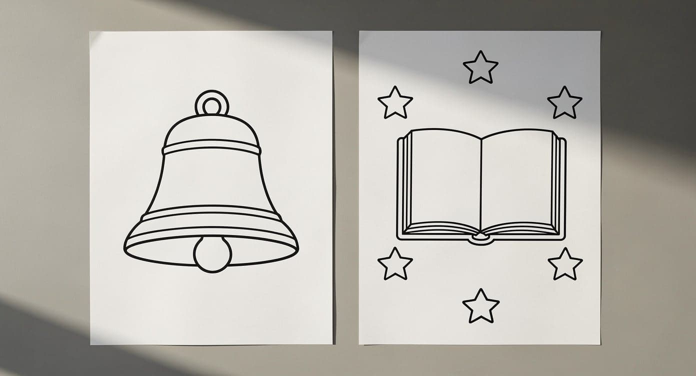 Two uncolored first-day printable choices, one large school bell and one open book surrounded by simple stars