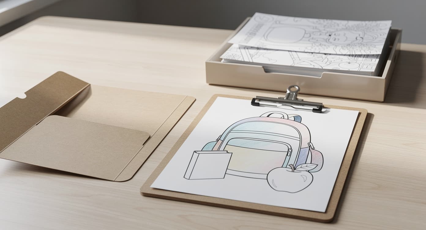 First-day school arrival setup with a backpack coloring page, clipboard, pocket folder, and finished-page tray