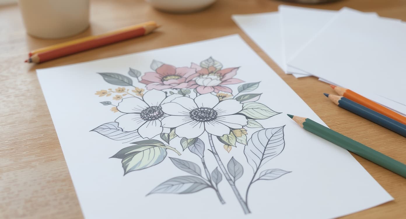 Printable adult flower coloring page partly colored with soft pencil shading, blank sheets, and colored pencils on a wooden desk