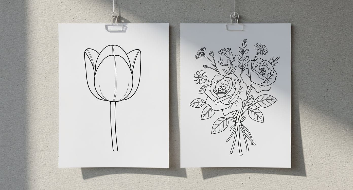 Two adult flower printables clipped side by side, one large open tulip and one more detailed rose bouquet