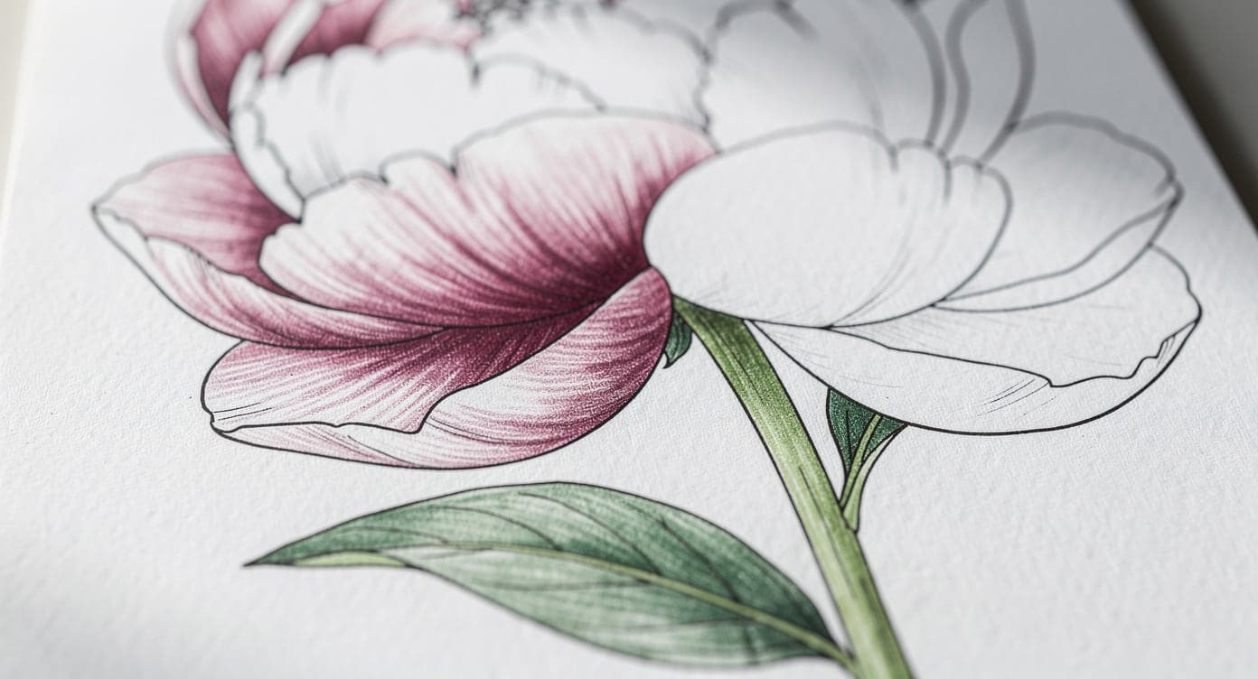 Macro view of plum colored-pencil shading across peony petals with a softly shaded green leaf