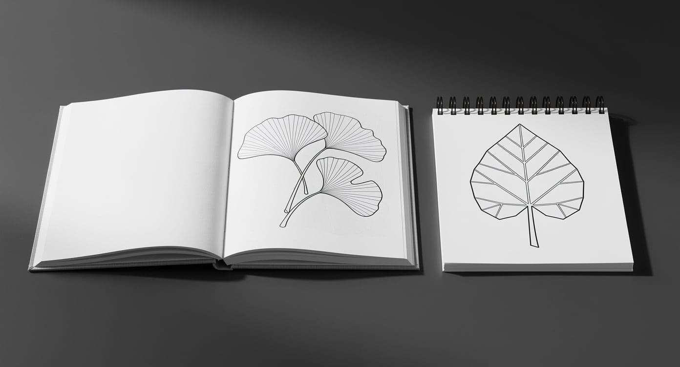 Open glue-bound coloring book with a blank left page and ginkgo design on the right beside a top-bound geometric leaf notebook