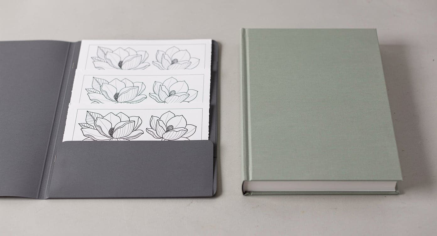 Three matching magnolia printouts in a portfolio beside a closed plain bound coloring book