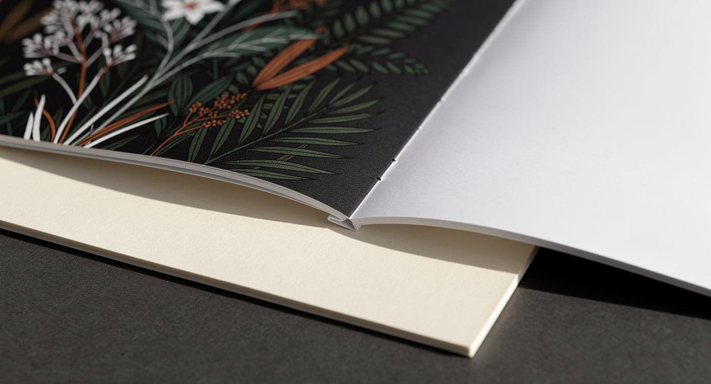 Open dark botanical page with flat white and copper details resting above a clean cream interleaf and blank facing page