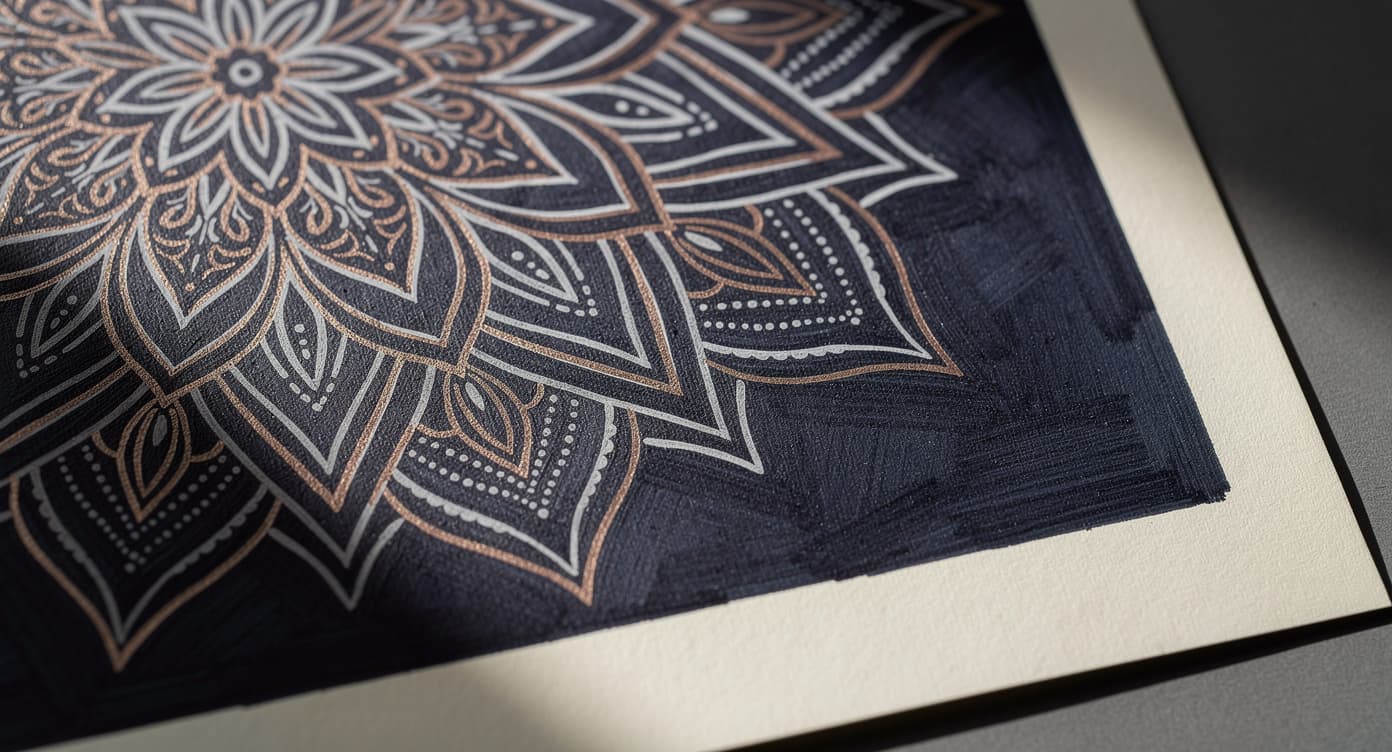 Dark mandala coloring page with fine white and copper gel pen line details and tiny stippled accents
