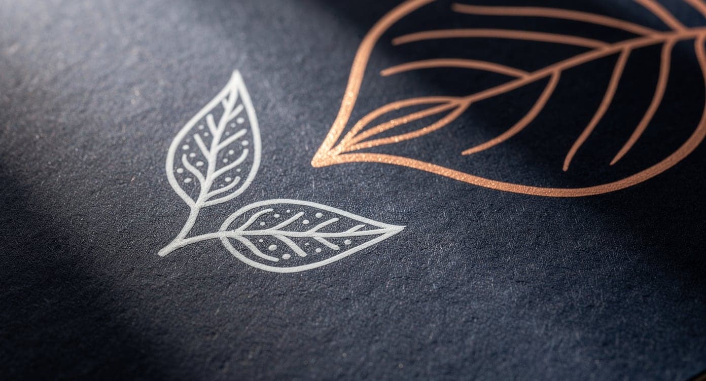 Macro view of fine white leaf details beside a broader copper leaf outline on textured navy coloring paper