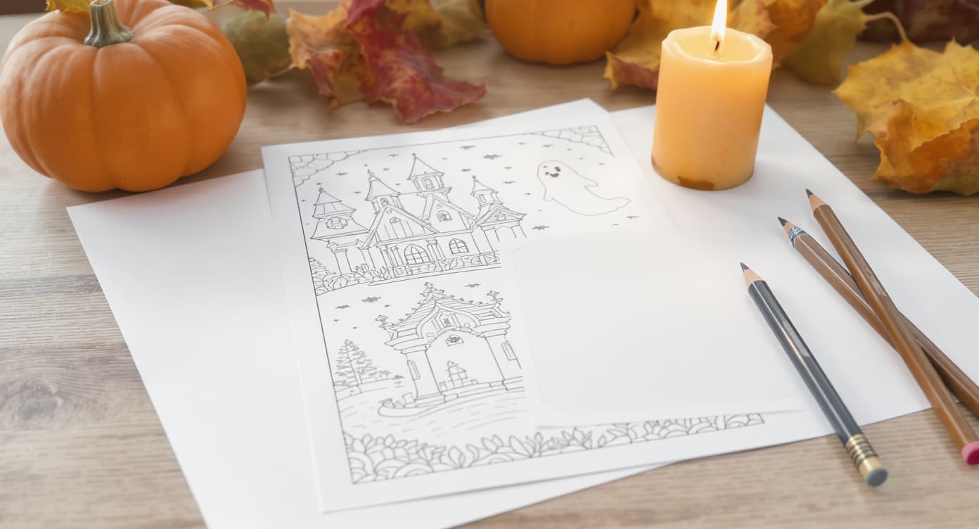 Adult Halloween printable coloring page with haunted house line art, ghost, pumpkins, candle, autumn leaves, and colored pencils