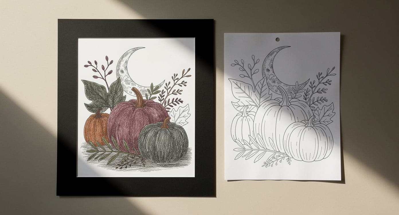 Colored pumpkin-and-moon page in a black display mat beside an uncolored test copy on thinner paper