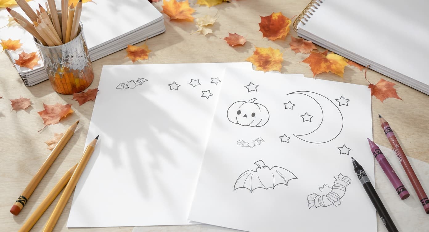 Kid-friendly Halloween printable coloring pages with smiling pumpkin, ghost, bat, moon, stars, fall leaves, and colored pencils