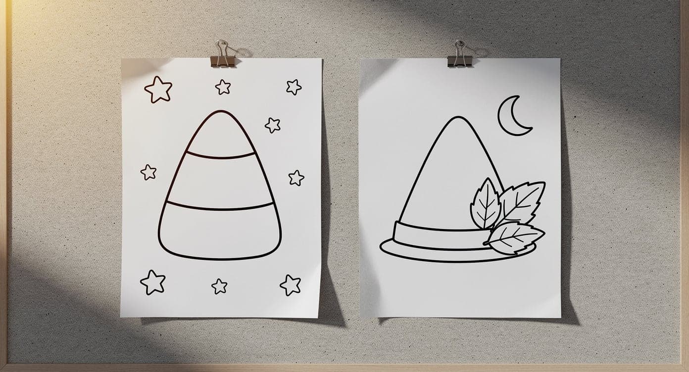 Large candy-corn coloring page beside a simple pointed costume-hat page with no characters or faces