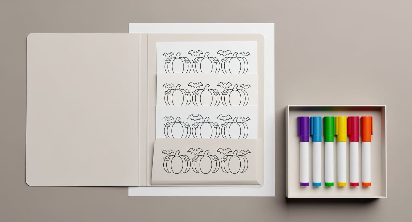 Matching Halloween printouts stored in a plain folder beside fully capped markers and a backing sheet