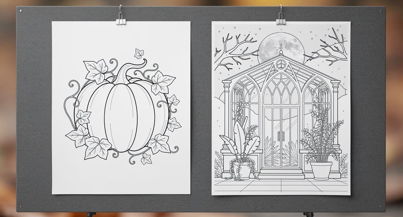Simple pumpkin coloring page beside a detailed gothic greenhouse Halloween page clipped to a board