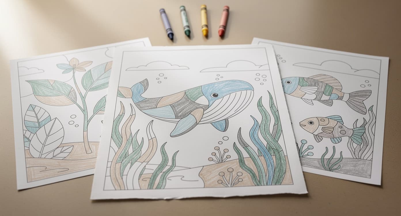 Sectioned kids printable pages with a partially colored whale, fish, leaves, and four crayons