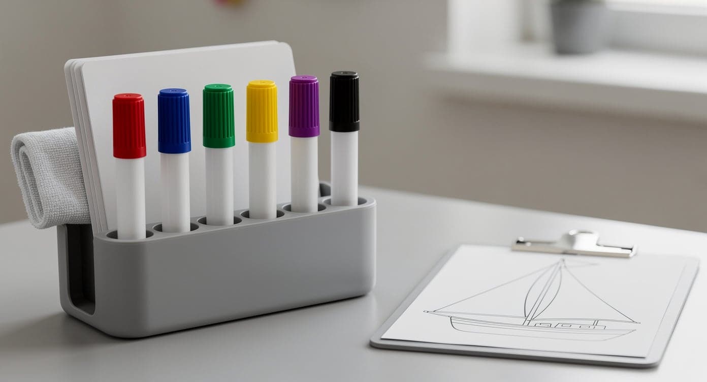 Capped washable markers and backing sheets organized in a divided caddy beside one clipped kids coloring page