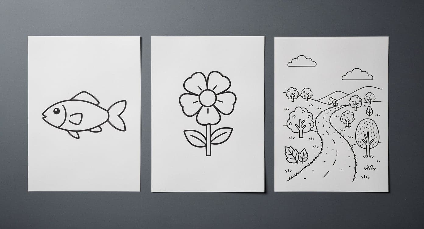 Three uncolored kids printable pages showing a simple fish, a medium-detail flower, and a more detailed trees-and-path scene