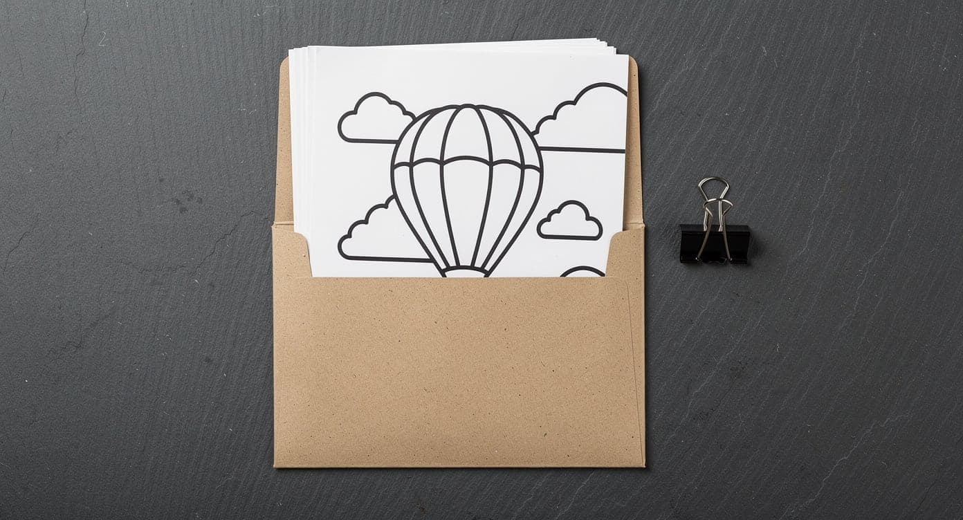 Bold hot-air-balloon coloring page on a neat stack of spare copies inside a plain kraft activity folder beside a binder clip