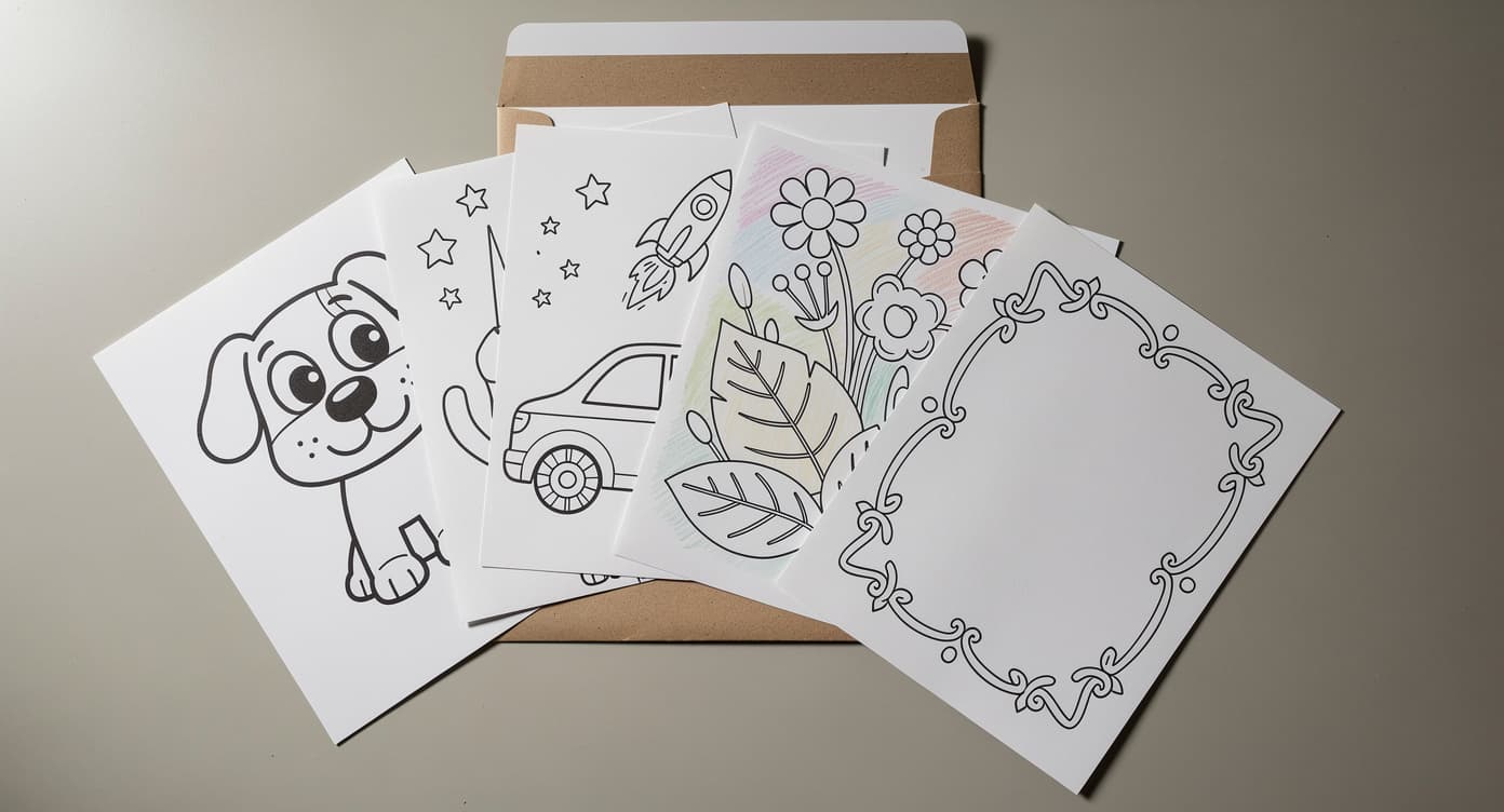 Five-page kids printable starter pack with dog, car, rocket, nature, and open doodle pages in a folder