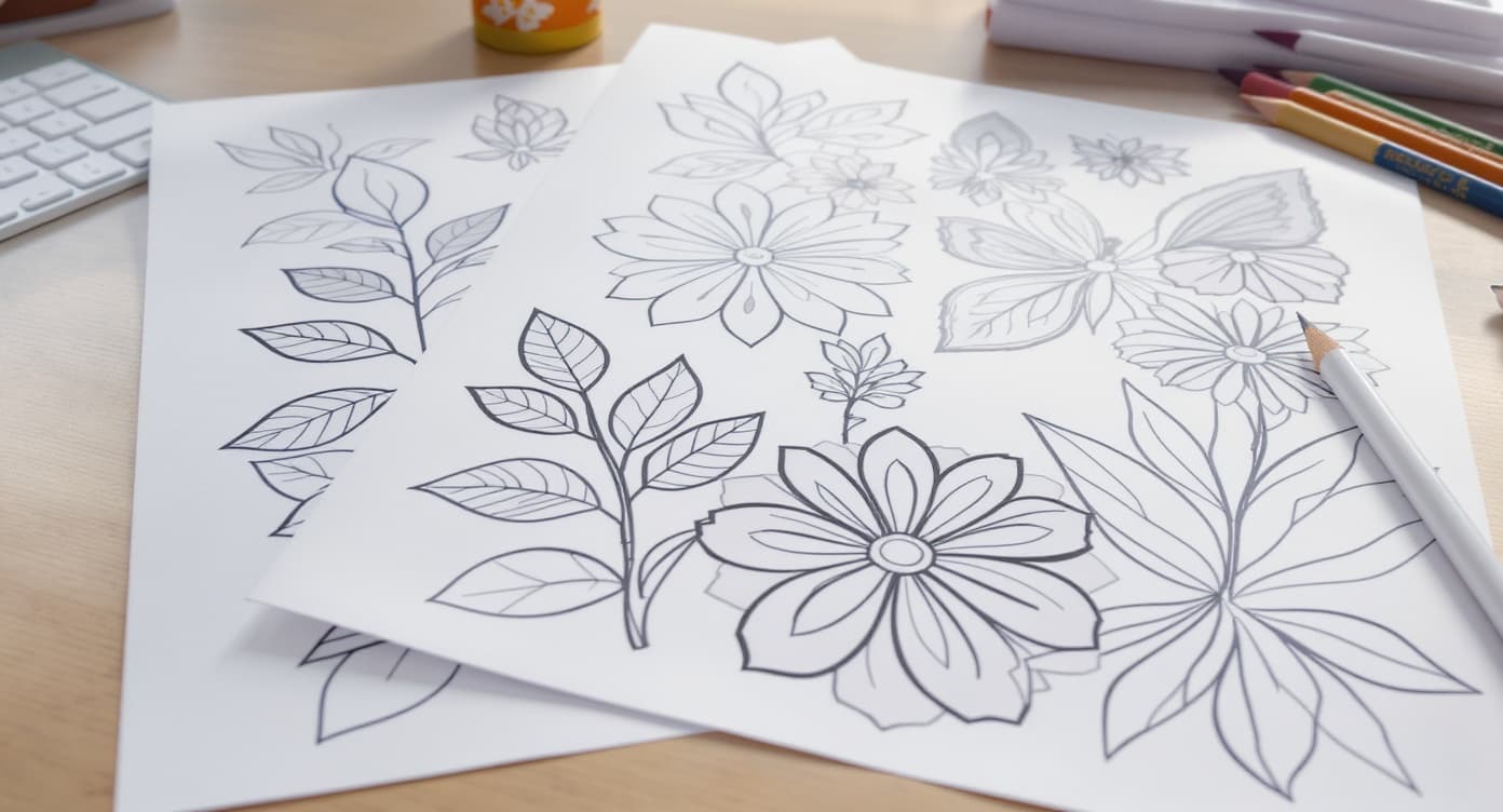 Large-print adult printable coloring pages with bold flower, leaf, and butterfly outlines plus colored pencils