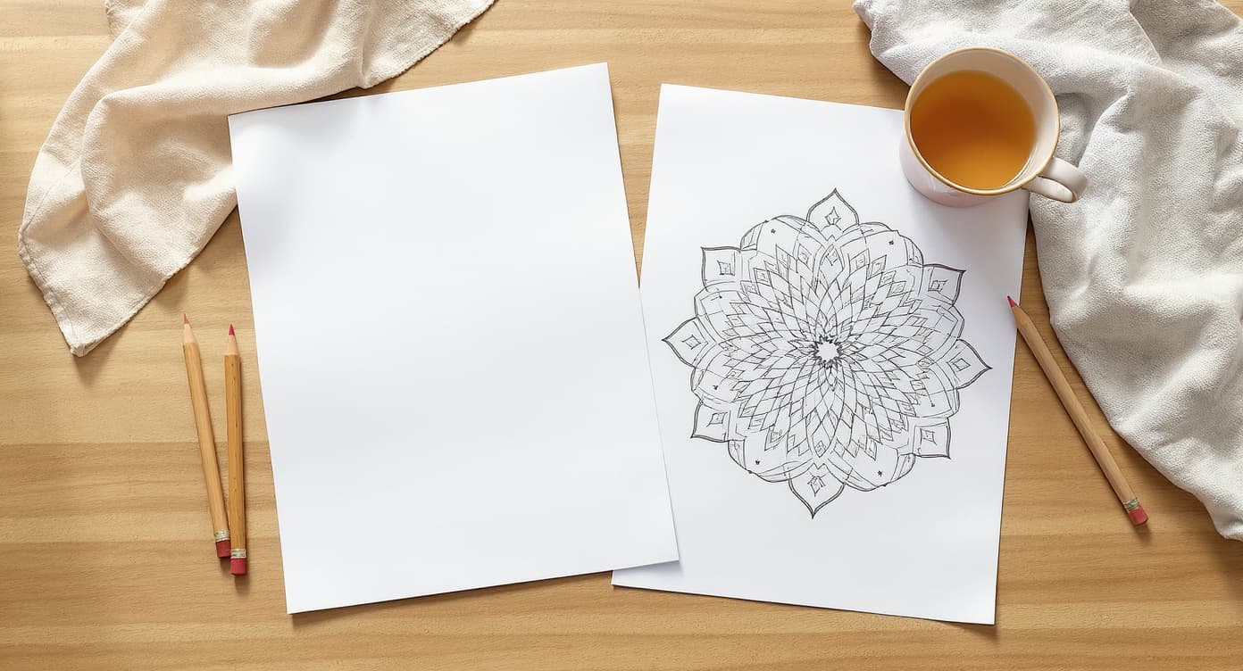 Large-print adult relaxation coloring setup with simple mandala page, blank paper, tea, cloth, and colored pencils