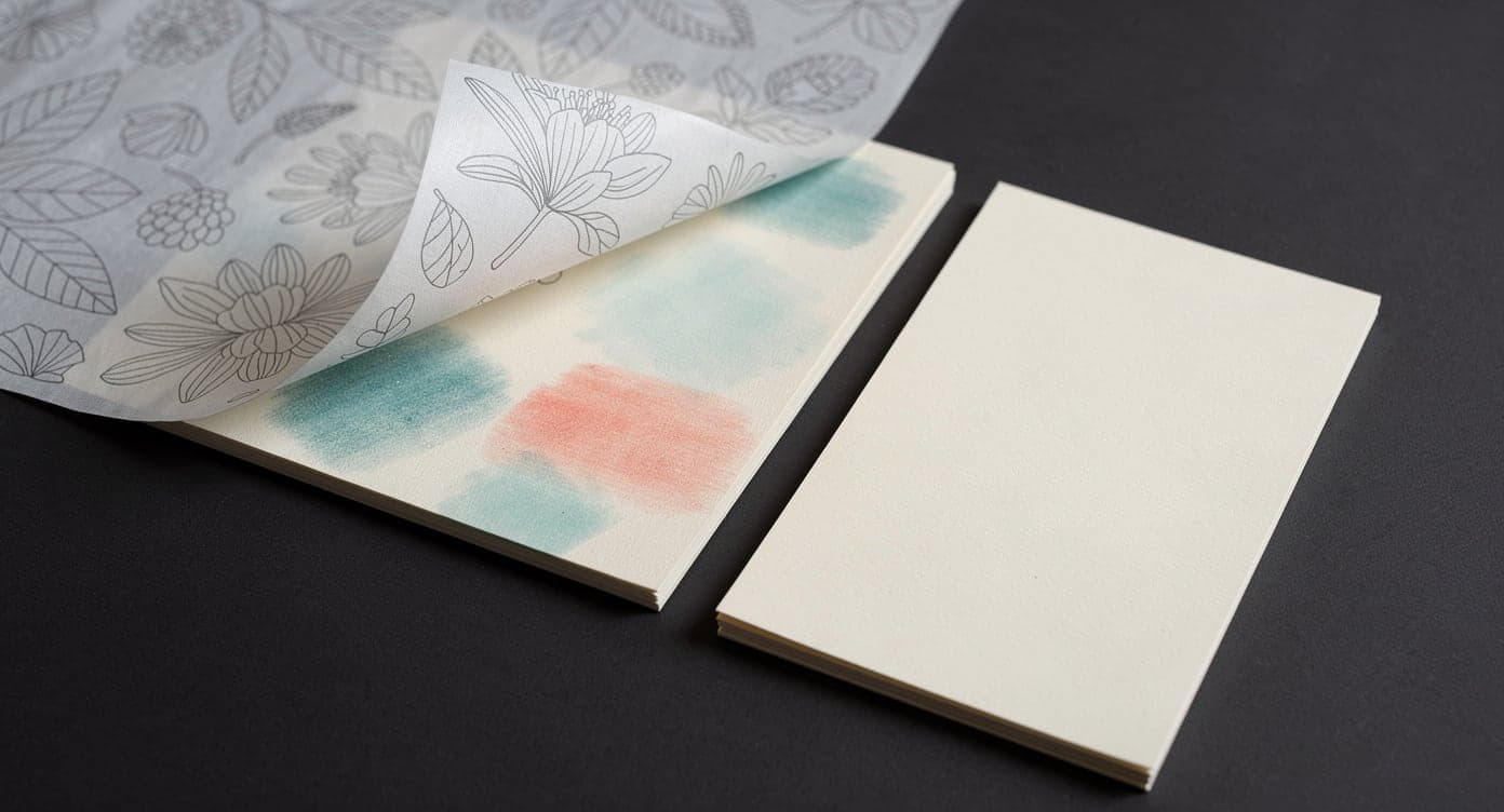 Botanical coloring page lifted above a backing card with soft teal and coral transfer marks beside a fresh clean card