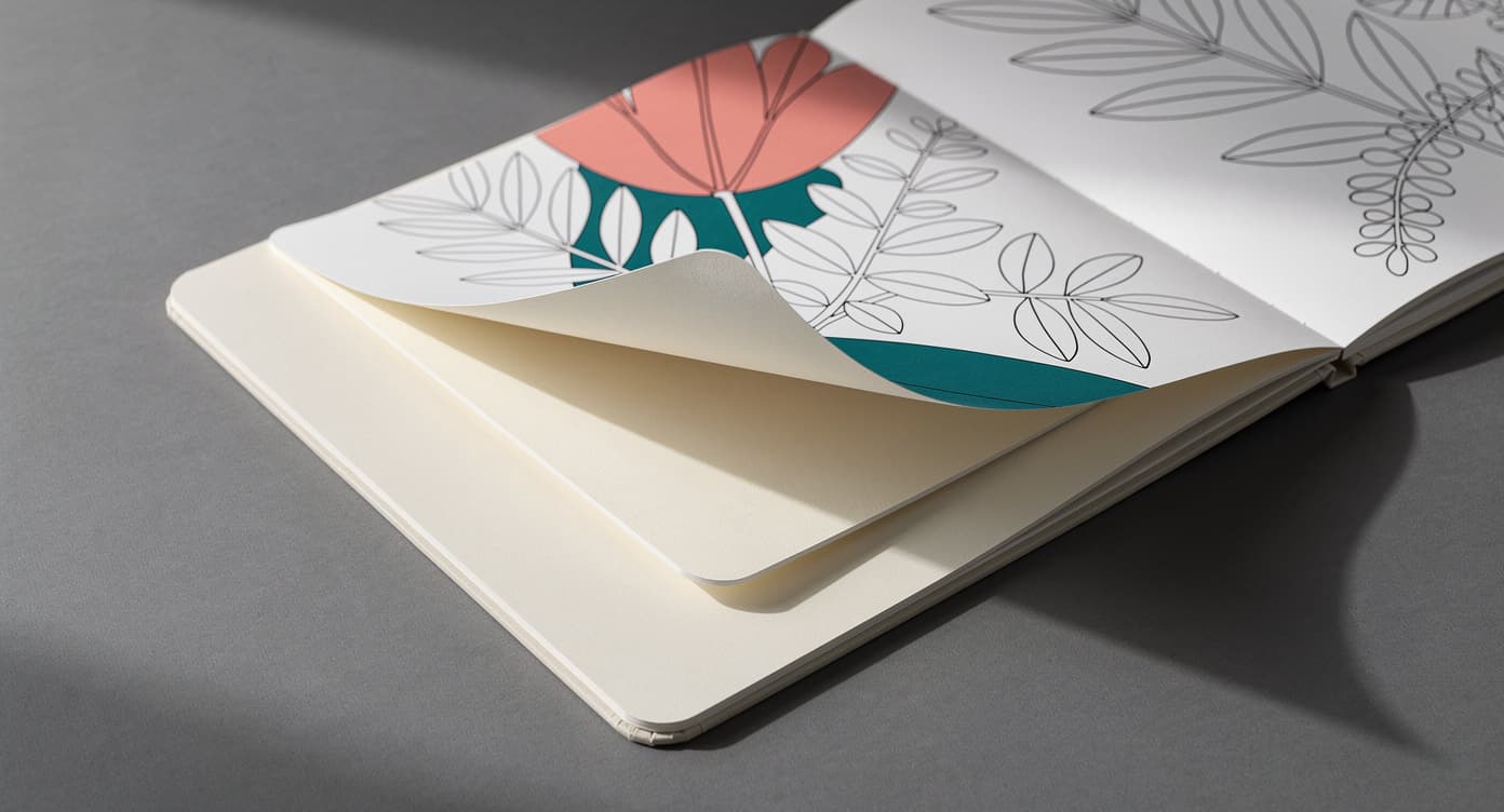 Open botanical coloring page lifted above a thick cream backing card and a clean page below