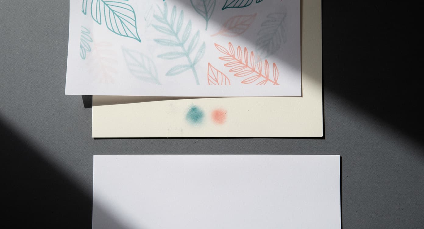 Marker test page with reverse-side ghosting, a stained cream backing card, and a clean protected page