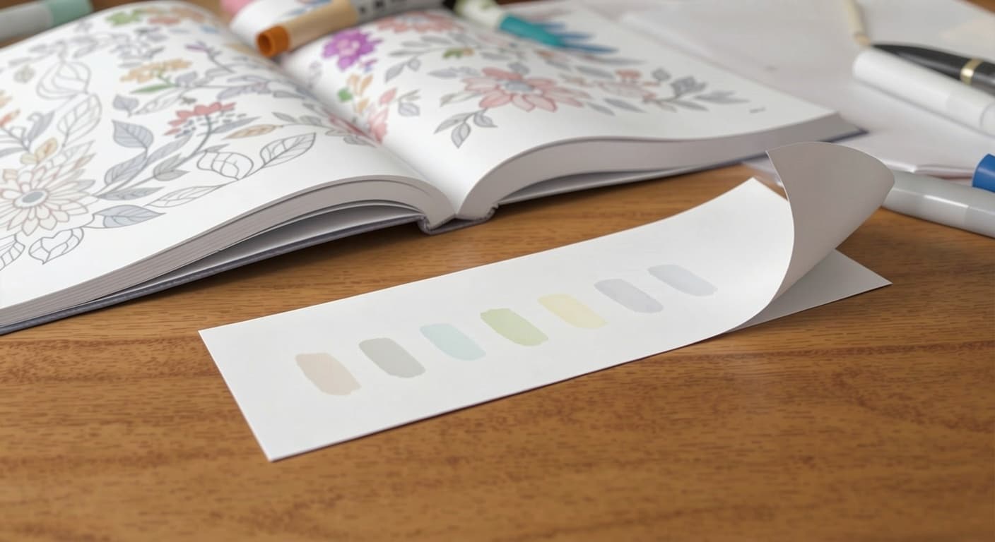 Marker bleed-through test strip beside an open adult coloring book and backing sheet