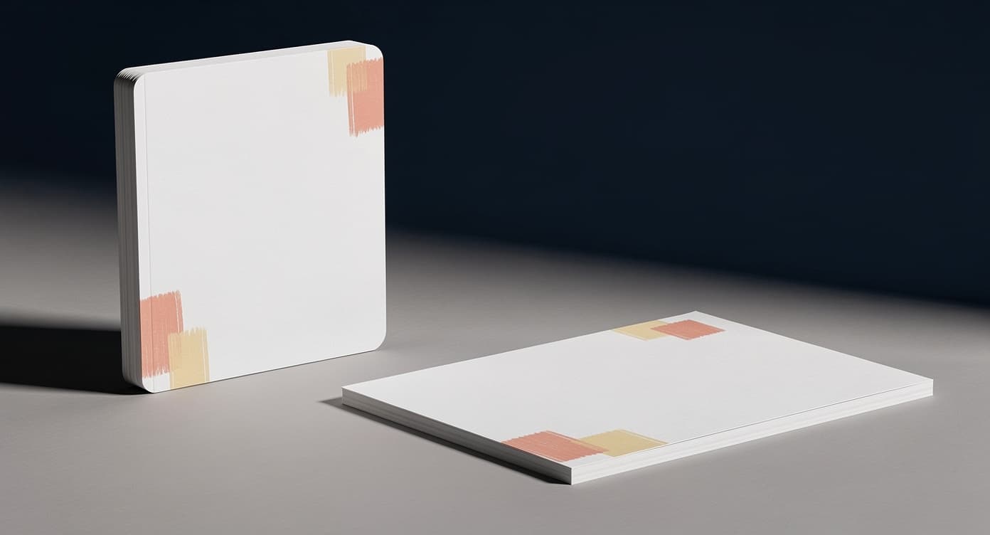 Slim closed coloring pad standing beside a heavier loose sheet with small unlabelled color tests