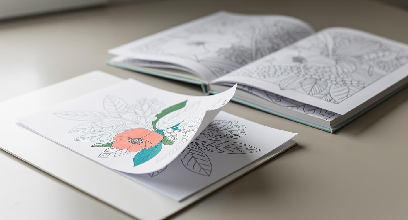 Loose single-sided coloring page and open coloring book compared with protective backing sheets