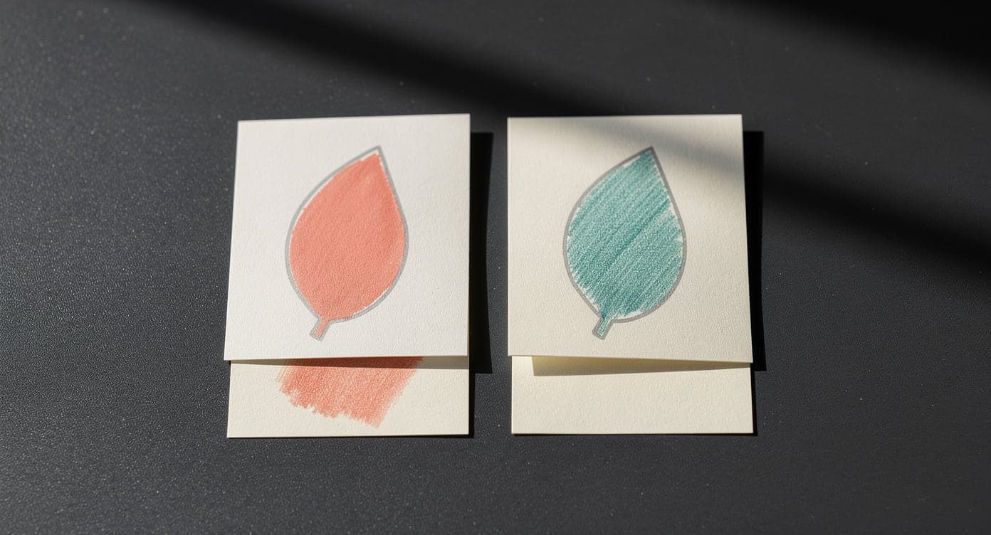 Coral marker test card showing color transfer on the backing below beside a teal pencil test card with a clean backing