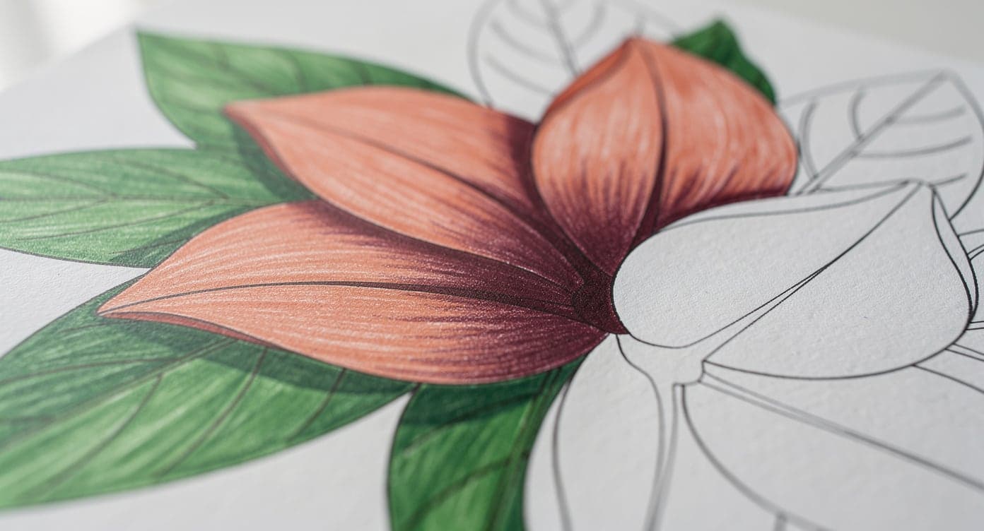 Close view of coral flower petals with dark pencil shading over color beside one uncolored petal outline