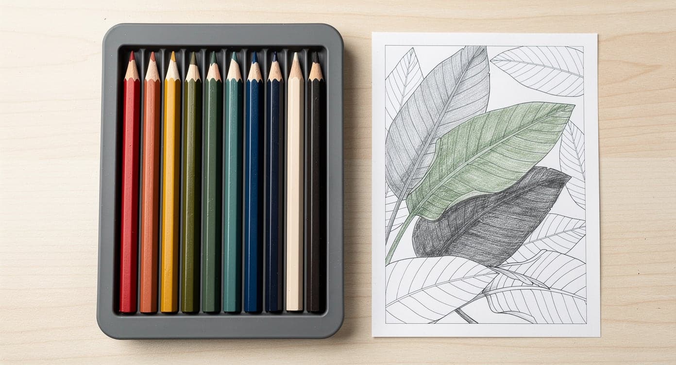 Twelve unbranded colored pencils in a small tray beside a partially colored broad-leaf page