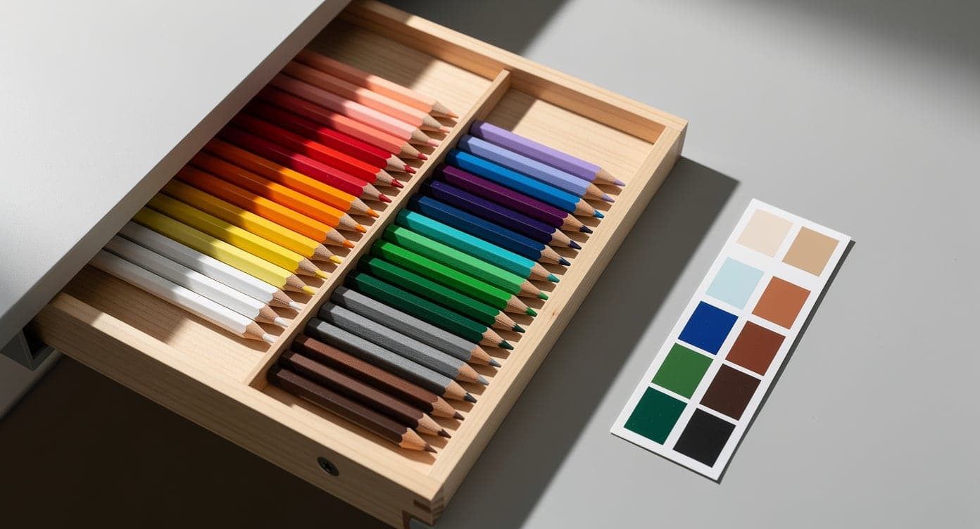 Shallow wooden drawer organized by pencil color family beside an unlabeled swatch card