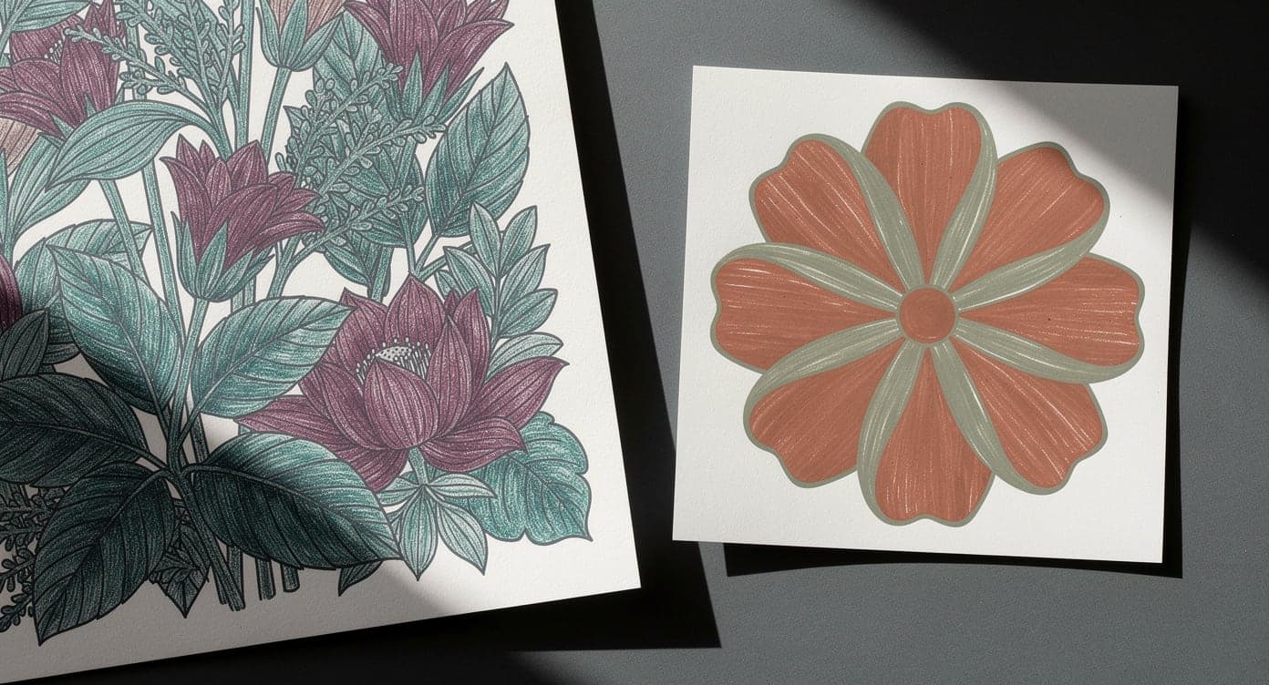 Two loose botanical coloring sheets, one shaded with detailed teal and plum pencil layers and one filled with broad coral color