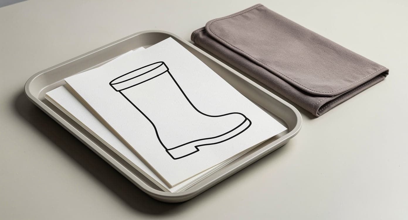 Simple rain-boot coloring page on a short stack of copies in a shallow tray beside a plain fabric folder
