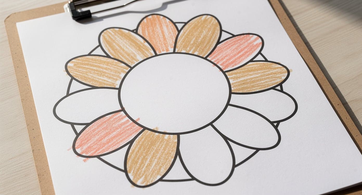 Close view of a preschool flower printable with thick outlines, large petals, and loose coral and ochre crayon marks