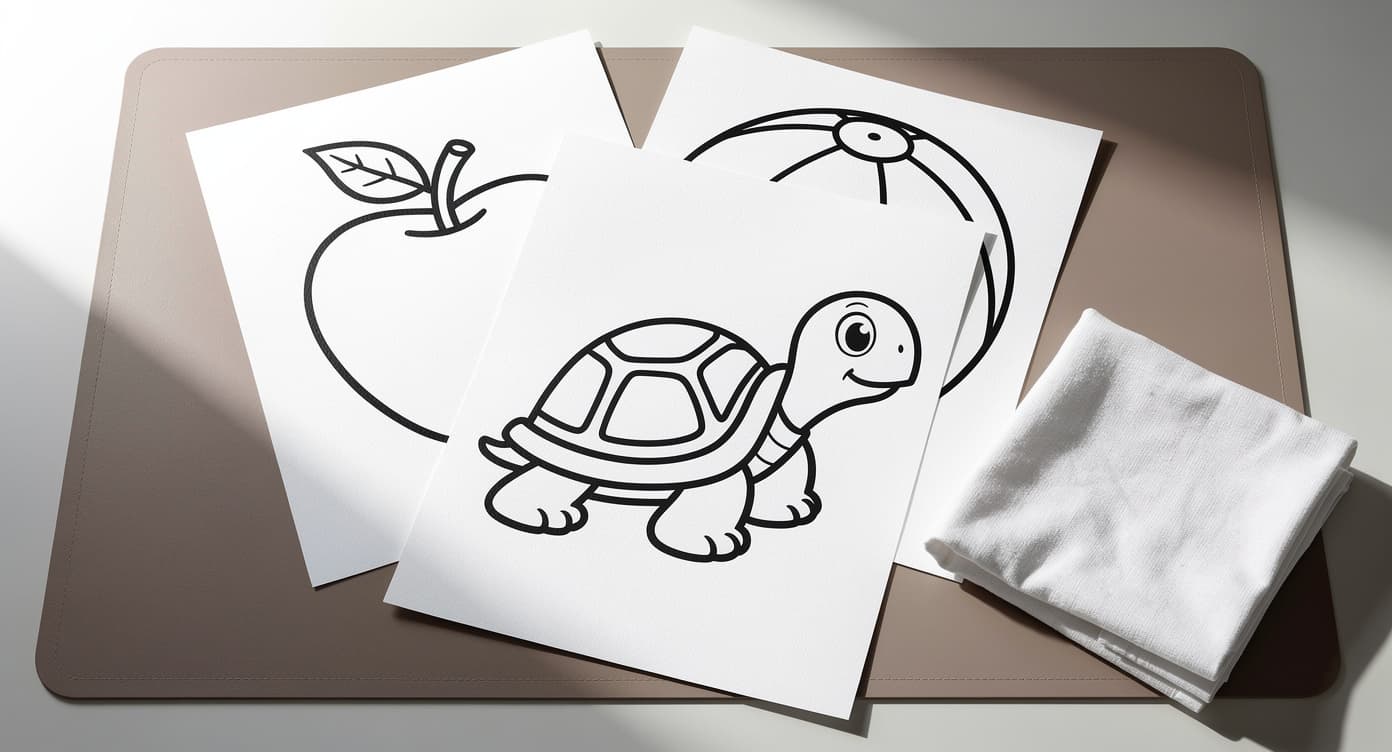 Preschool printable coloring pages with bold turtle, apple, and ball outlines on a wipeable activity mat