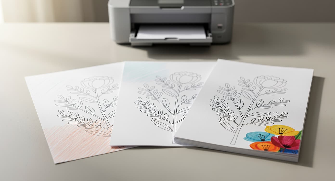 Three printable coloring sheets with different paper weights arranged in front of a home printer