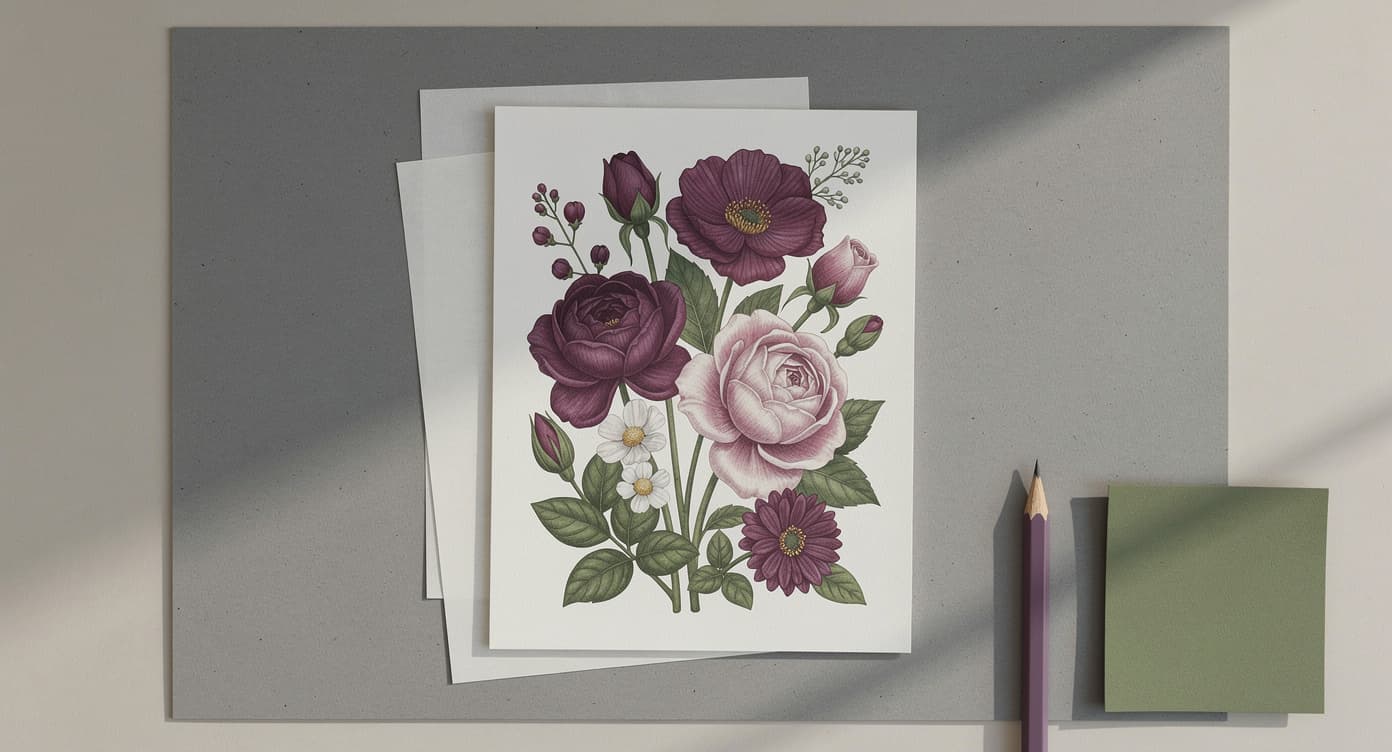 Finished plum and moss botanical coloring page resting flat over a gray backing board and clean test sheet