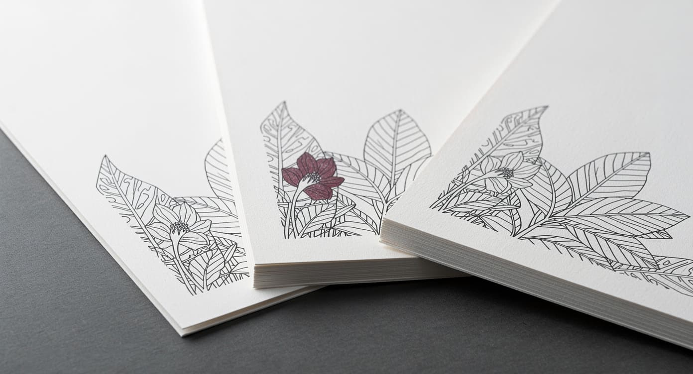 Three fanned printable coloring sheets with botanical line art and visibly different leading-edge thicknesses
