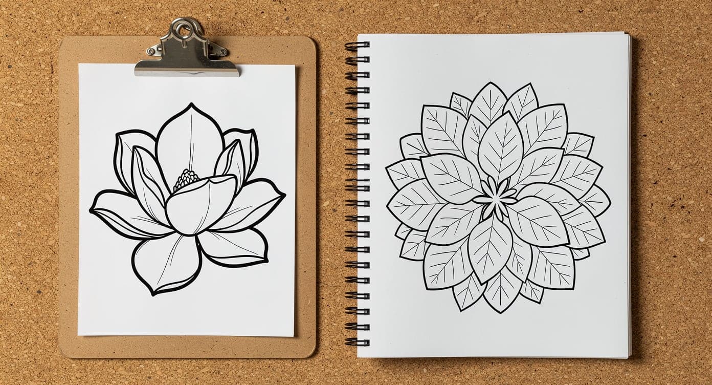 Loose magnolia page on a clipboard beside an open spiral-bound broad leaf pattern page on a cork surface