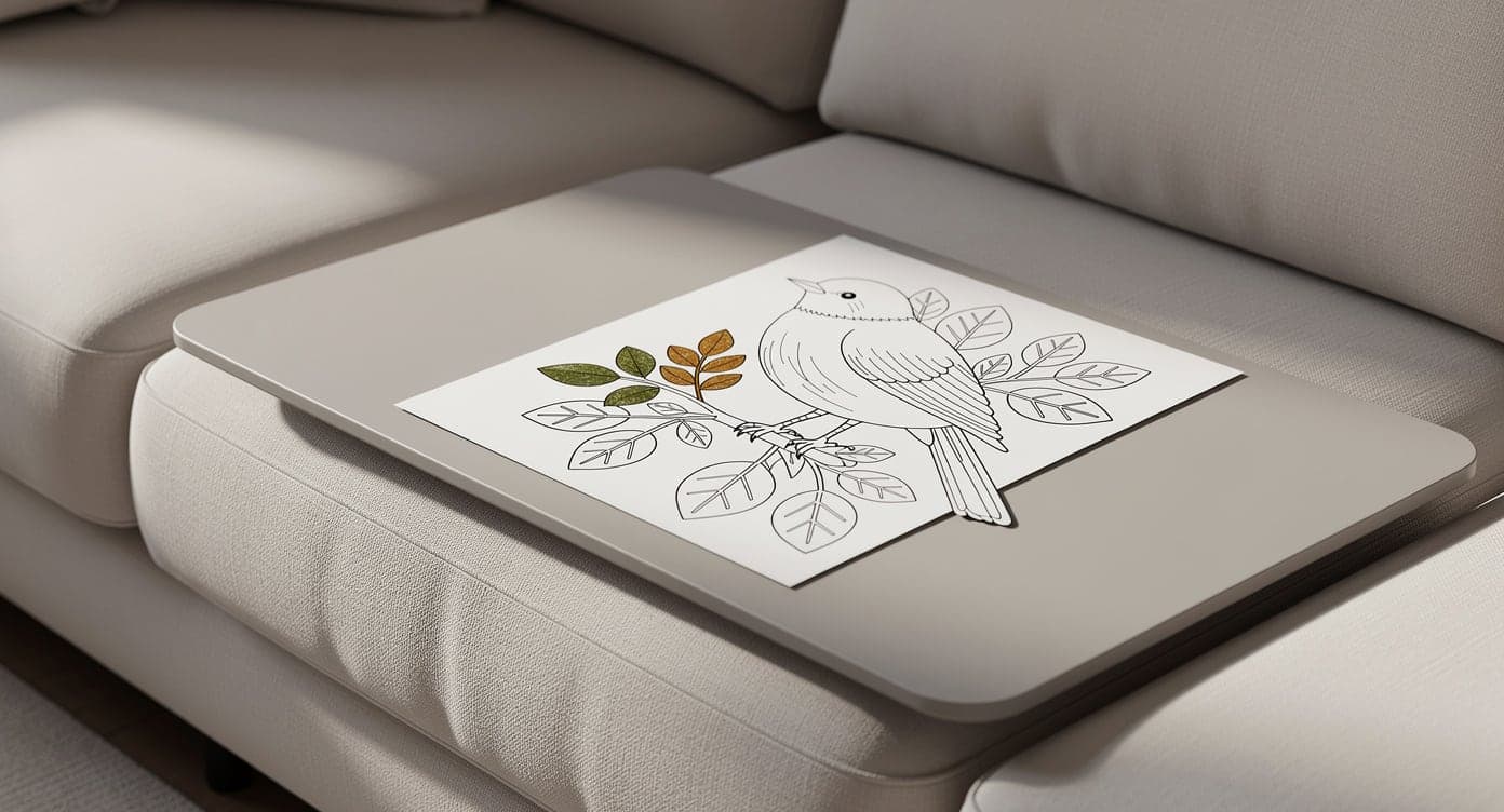 Partially colored bird and leaves large-print page on a firm board resting across a neutral sofa cushion